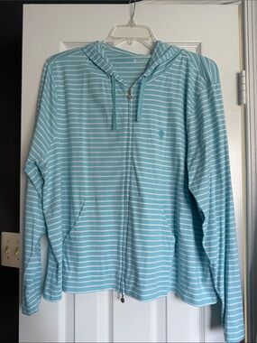 Coolibar Light Blue Striped Hooded Zip Lightweight Jacket